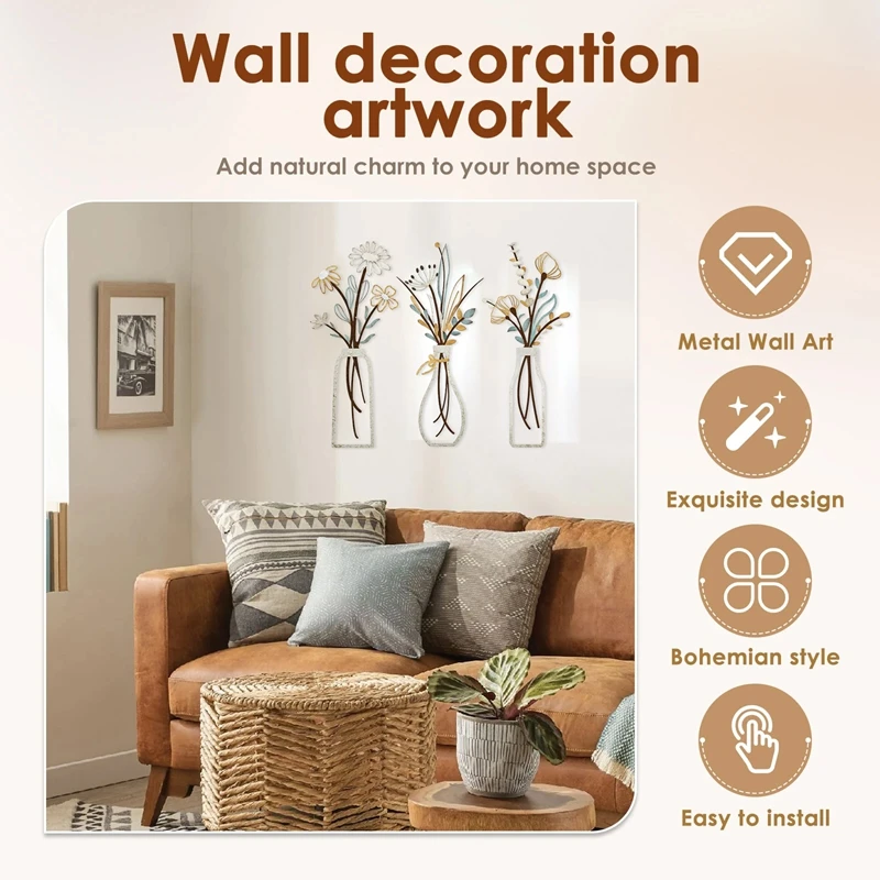 3pcs 금속 꽃 벽 장식 공예품 소박한 스타일 미니멀 - Art Craft Room 리뷰 및 가격